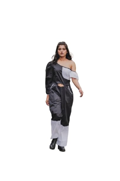 Women’s One-Shoulder Jumpsuit with Pockets | Black & White Cotton Lycra Colorblock Jumpsuit for Travel, Party, Airport Look & Casual Wear |M|-image-32
