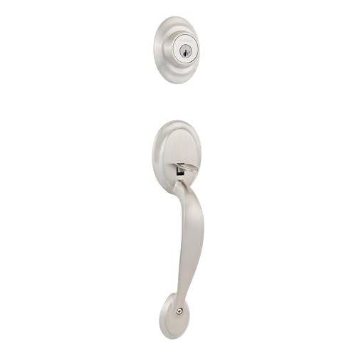 Kwikset Dakota Front Door Lock Handle and Deadbolt Set, Entry Handleset Exterior Only, Satin Nickel, Pick Resistant SmartKey Rekey Deadbolt Security, Interior Sold Separately