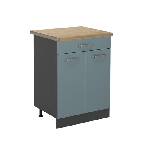 Vicco Küchenunterschrank R-Line, Blau-Grau, 60 cm, AP Eiche, zur freien Kombination innerhalb modularer Küchensysteme