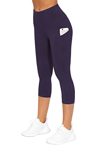 Image of THE GYM PEOPLE Thick High Waist Capris Yoga Pants with Pockets, Tummy Control Workout Running Yoga Leggings for Women