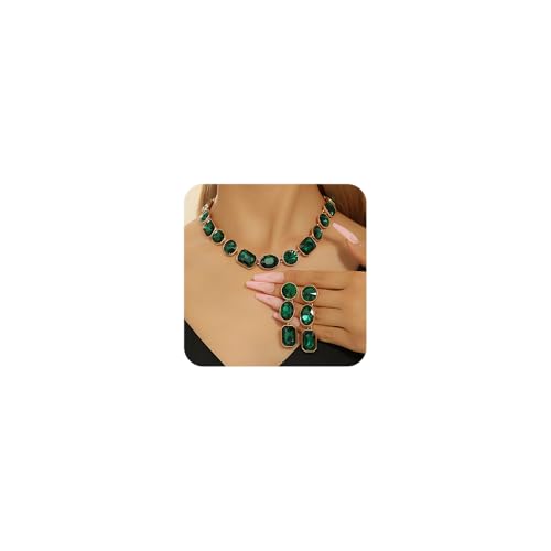 Octwine Green Rhinestones Necklace Teardrop Dangle Earrings Set for Women Bridal Wedding Prom Green Rhinestones Necklace Rhinestone Crystal Christmas Statement Necklace Earrings Set for Women