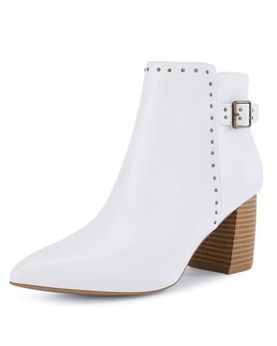 Coutgo Women's Pointed Toe Ankle Boots Chunky Stacked Heel Side Zipper Casual Fall Booties Shoes, White, Size 11