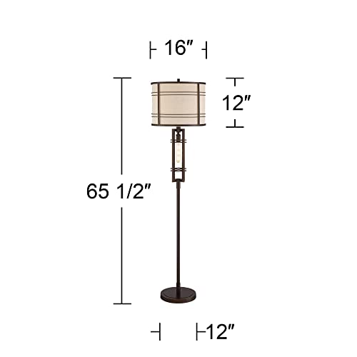 Franklin Iron Works Elias Industrial Rustic Farmhouse Floor Lamp Standing 651/2" Tall Oil Rubbed Bronze With Led Nightlight Off White Oatmeal Fabric Drum Shade For Living Room Reading Bedroom #TOP3