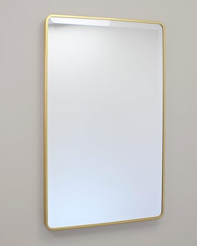 Image of 16x26 Austin Farmhouse Metal Framed Rounded Rectangle Recessed Bathroom Medicine Cabinet, Beveled Mirror, 14x24 in-Wall Opening, powder-coated Steel, Adjustable Glass Shelves, Magnet Close, Gold
