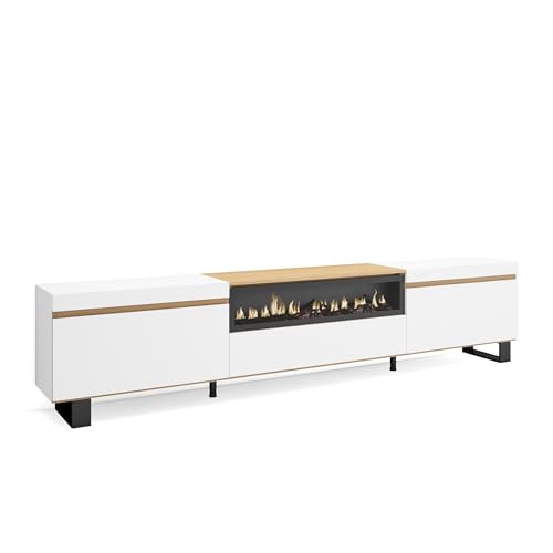 Skraut Home | Meuble TV | Banc Télé | Grand Espace de Rangement | 260x57x35 cm | TV Grand Format | Cheminée électrique | Design Industriel | Style Moderne...