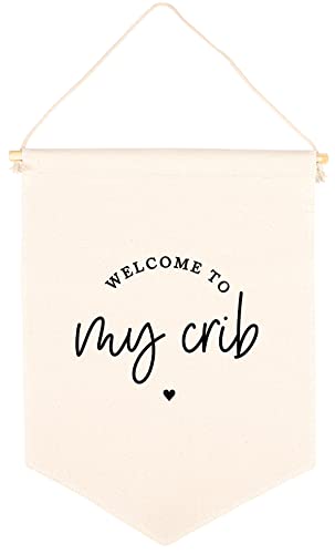 Image of Andaz Press Hanging Canvas Banner - Welcome To My Crib Tapestry Wall Hanging Banner for Baby Girl, Baby Boy, Kids Canvas Nursery Decor, Pennant Flag Wall Art, 1-Pack