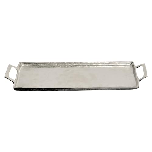 India Handicraft Modern Classic Decorative Serveware 17 x 5.5 Inch Aluminum Textured Rectangular Tray with Handles, Silver Tone