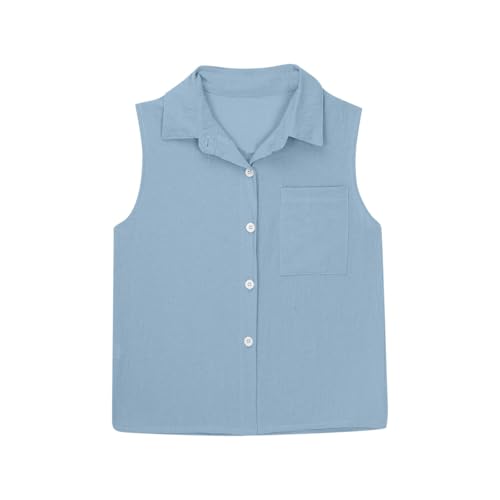 Kids Girls Cotton Linen Shirt Button Down Sleeveless Slim Solid Tank Top with Pocket Summer Casual Clothes3