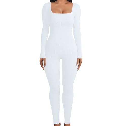 KBOPLEMQ Mono deportivo para mujer, largo, ajustado, para yoga, elástico, manga larga, bodycon, Blanco, S