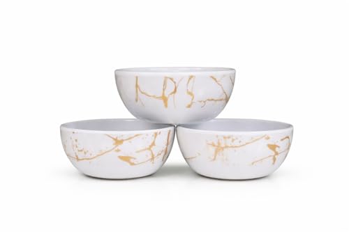 Image of Ariya 4.5 Inch Melamine Soup Bowls Set of 3 (350 ml) | White /Gold | Serving Bowls for Soup, Salad, Noodles, Pasta, Oatmeal | Durable & Stylish Dinnerware for Daily & Special Use