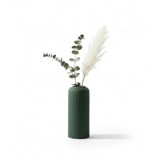 Image of KREATIVE ART'S Modern Ribbed Design Ceramic Flower Vase for Living Room, Flower Pots for Artificial Flower, Home Decoration Item, Home Decor, Vases for Living Room (Dark Green, Medium)