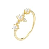 Anillo de oro amarillo vintage, anillo de boda para mujer con perlas y diamantes, anillo de oro amarillo de 9 quilates, 14 quilates y 18 quilates, H 1/2, Oro amarillo de 14 quilates, Perla Diamante