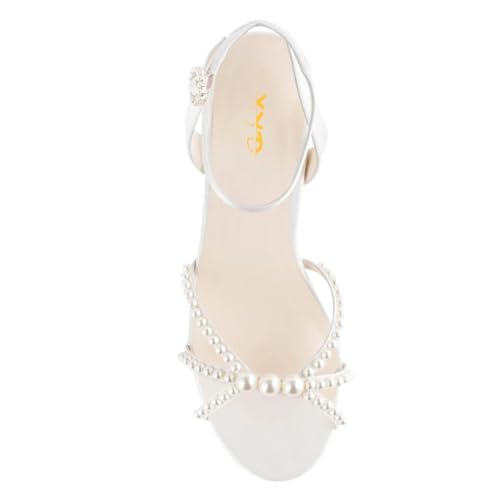 XYD Women Open Toe Strappy Pearl Block Heels Classic Ankle Strap with Buckle Dress Sandals Wedding Bridal Shoes3