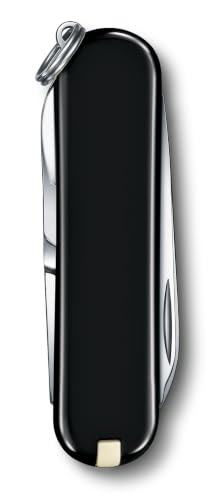 Image of Victorinox Classic SD Swiss Army Pocket Knife,7 Functions, Black | Mini EDC tool with small blade, scissors, nail file, tweezers, and key ring. Lightweight Swiss made construction