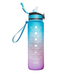 Sports Bottle 1L BPA Free Plastic Bottle With Strew and Time Marking, Leak-Proof, Blue & Purple