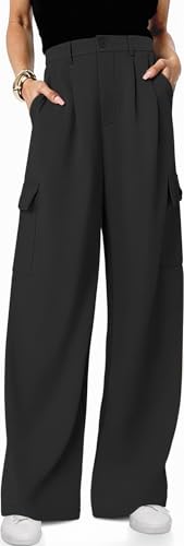 UEU Womens Wide Leg Cargo Pants High Waisted Baggy Casual Business Office Work Trousers Loose Boyfriend Wedding 2025 Winter Trendy Dress Pants Slacks with 4 Pockets Black M 28 Inseam