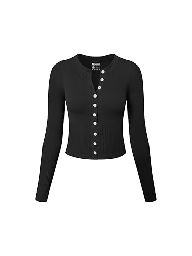 OQQ Womens Long Sleeve Shirts Crew Neck Button Knit Stretch Casual Basic Tops Fitted Tee Shirts