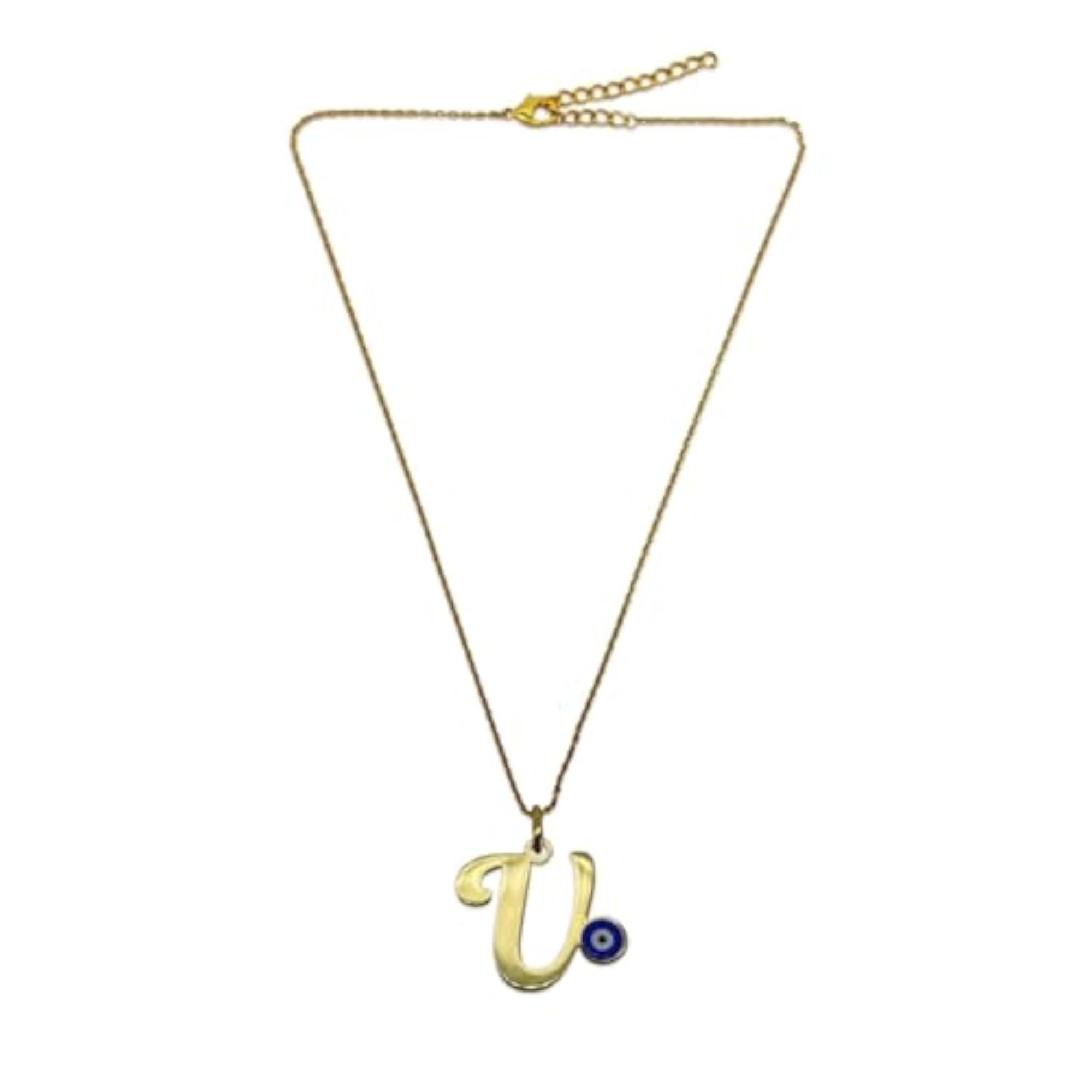 Women's Blue Evil Eye Initial 'V' Necklace, Gold Plated