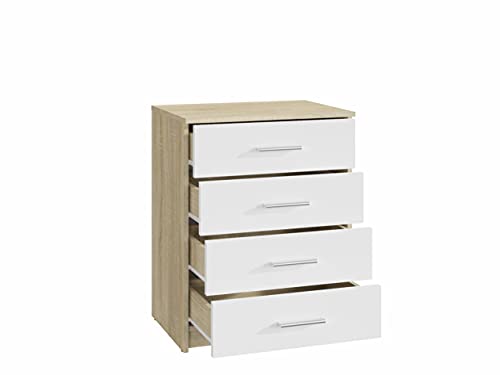 MATKAM Schubladen-Kommode Bodo 4S in moderner Optik, B60 x H75 x T35 cm, laminierte Möbelplatte, mit Rückwand, 4Schubfächer, Jede mit länglichem Griff zum Aufmachen (Sonoma Eiche – weiß)
