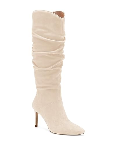 Coutgo Womens Knee High Boots Faux Suede Almond Toe Stiletto High Heel Slouchy Side Zipper Booties