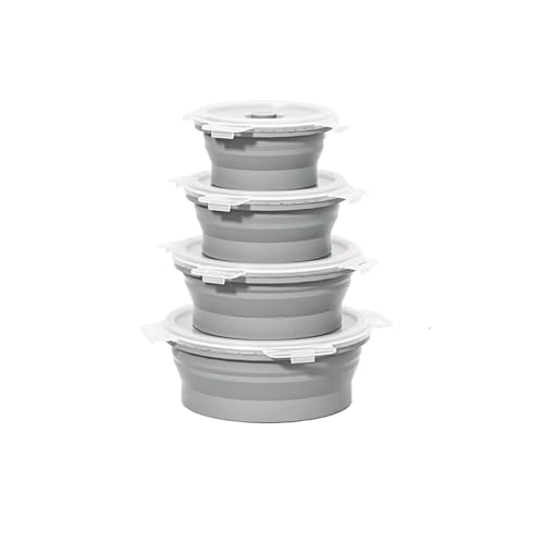 Contenedor plegable de almacenamiento de alimentos con tapa, contenedor portátil de silicona para alimentos, apto para microondas y congelador (4 unidades), color gris