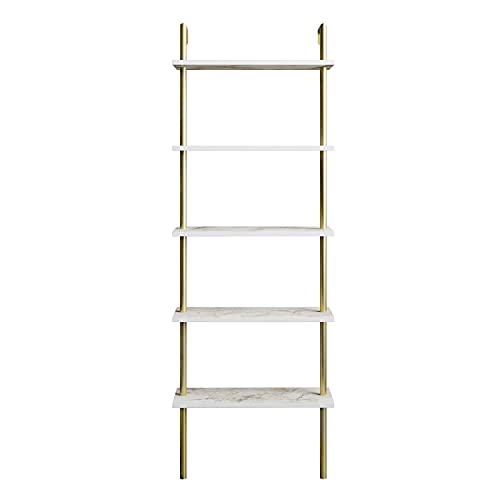 DECOROTIKA Paulina Industrial 5-Tier Bookcase Bookshelf Shelving Unit with Multiple Color Options (Gold and White Marble Effect)