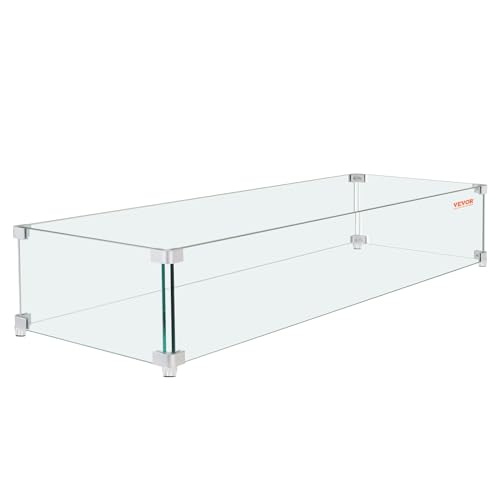 Image of VEVOR Fire Pit Wind Guard, 38 x 10.5 x 6 Inch Glass Wind Guard, Rectangular Glass Shield, 0.3 inch Thick Fire Table, Clear Tempered Glass Flame Guard, Steady Feet Tree Pit Guard for Propane, Gas, Outdoor