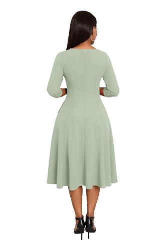 Image of Nmoder Midi Dresses for Women A-Line Fit and Flare Dress 3 /4 Sleeve V Neck Cocktail Wedding Guest Work Dress with Pockets