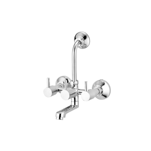 Image of iRiS 2-in-1 Brass Wall Mixer Tap with Overhead Shower Provision | 125mm Long Bend Pipe | Visible Hot & Cold Indicators | Chrome Finish Bathroom Faucet | Wall-Mounted Brass Tap