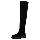 VAN HILL Damen Stiefel Overknees Blockabsatz Schuhe Profilsohle Langschaftstiefel Velours Profilsohle Freizeit Boots 208420 Schwarz 41