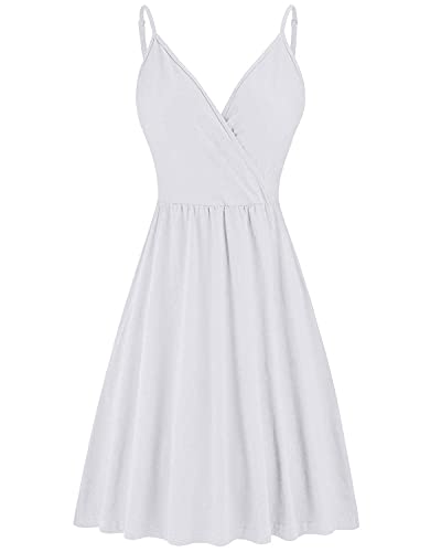 VOTEPRETTY Women's V-Neck Floral Spaghetti Strap Dress Summer Casual Swing Sundress with Pockets (White,S)