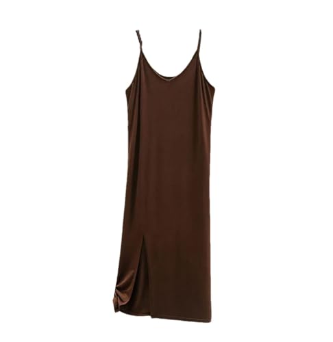 Damen-Kleid, Unterwäsche, Weste, Spaghettiträger, einfarbig, langes Kleid, Camisole Slips, ärmellose Kleider, braun, XL