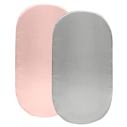 Image of SiinvdaBZX 2 Pcs Satin Bassinet Sheets for Baby Hair, Light Grey & Pink | Silk-Like Soft Bassinet Fitted Sheets for Hourglass, Oval & Rectangular Bassinet Mattress