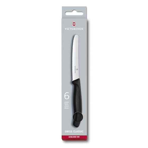 Victorinox Swiss Classic, set cuchillos cocina, 6 cuchillos para tomate con filo dentado y hoja de 11 cm, aptos para el lavavajillas y de color negro