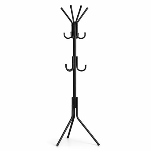 Perchero de Pie Metálico con Ganchos Múltiples | Diseño Moderno y Estable | Estructura de Acero Resistente | Base Triangular Antivuelco | Ideal para Entrada, Dormitorio u Oficina | Negro