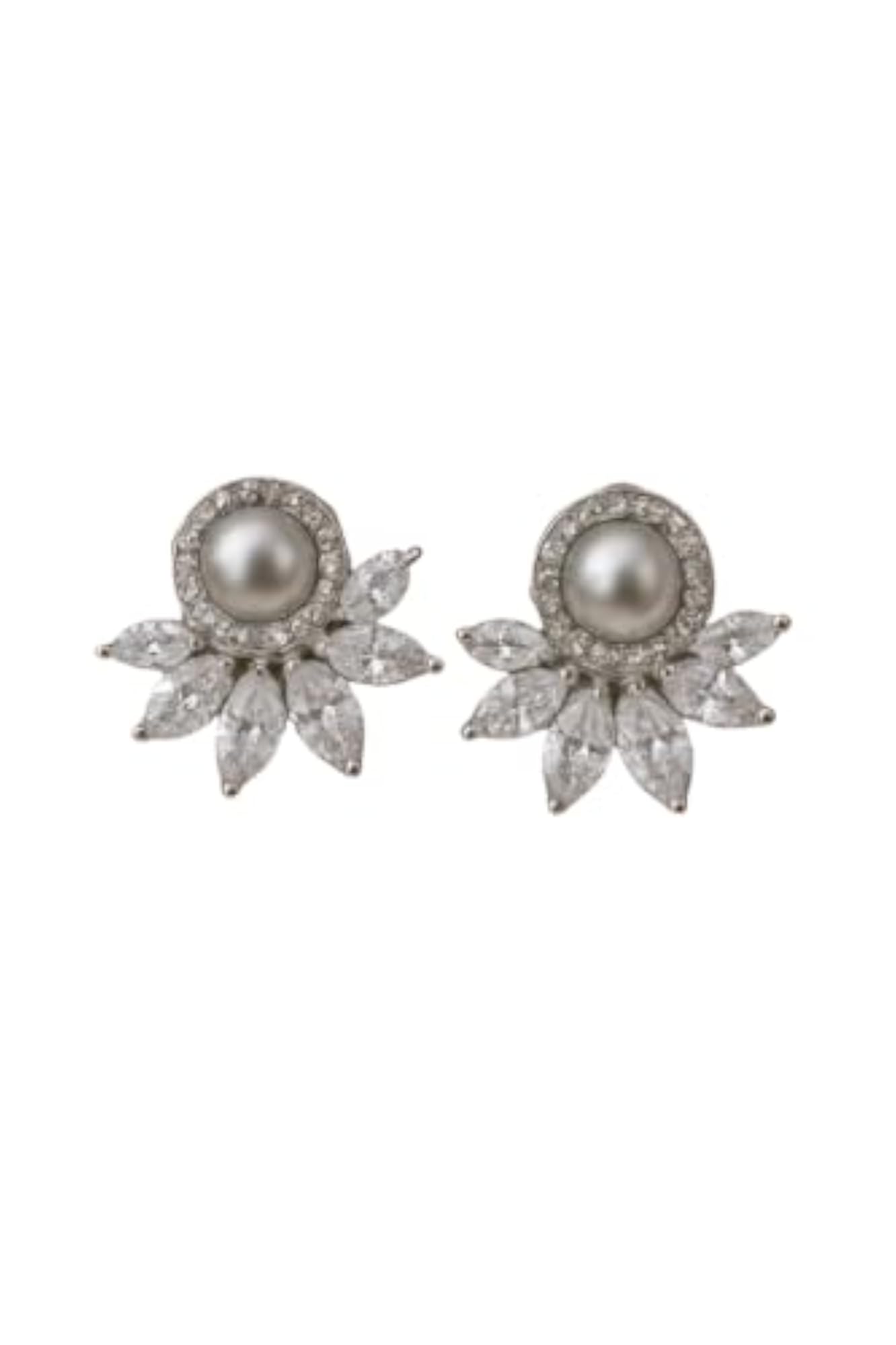 Women's Pearl Silver Floral CZ Stud Earrings, Elegant Gift