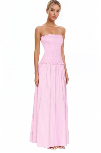 Image of Women Strapless Smocked Flowy Swing Boho Maxi Dress Tube Top Beach Dress | Smocked Bodice Flowy A Line Beach Dress with Pocket Casual Vacation Beach Wedding Guest Dress Off Shoulder Boho Dresses