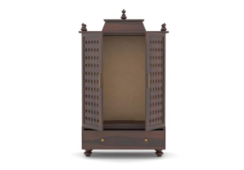 Image of Solid Sheesham Wood Temple for Home & Office /Mandir /God Stand /Pooja Stand /Home Mandap /Mandapam with Cabinet Doors & Multiple Storage (Walnut-1, Large)