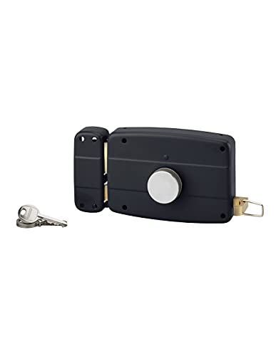 THIRARD - Serrure en Applique à Bouton pour Porte de Garage à Battant - Gauche - 140 x 90 mm - Axe 70 mm - Noir - 3 Clés - Coffre et Gâche Acier Embouti - Cylindre...