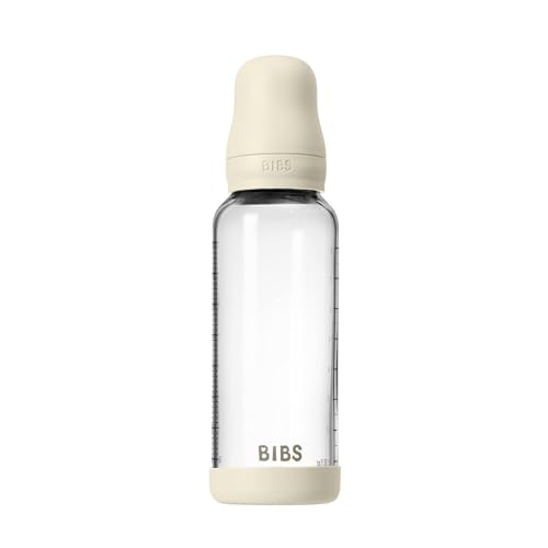 Image of BIBS Baby Glass Bottle. 240ml. Anti-Colic. Vented Round Natural Rubber Latex Nipple. Supports Natural Breastfeeding, Medium Flow, Complete Set - 240 ml, Ivory