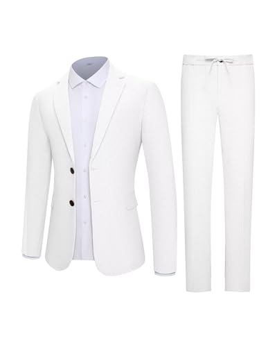 Retro Linen Mens Suit 2 Piece Slim Fit Sets Tuxedo Linen Jacket Drawstring Pant Summer Blazer Set Prom Wedding Suits for Men3