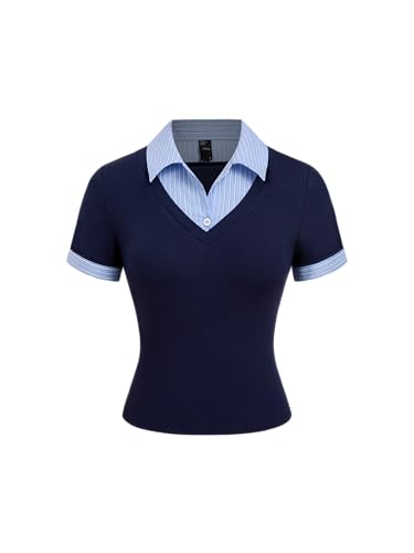 CIDER Women Cotton Collar Stripe Two Tone Short Sleeve Knit Fabric Tops