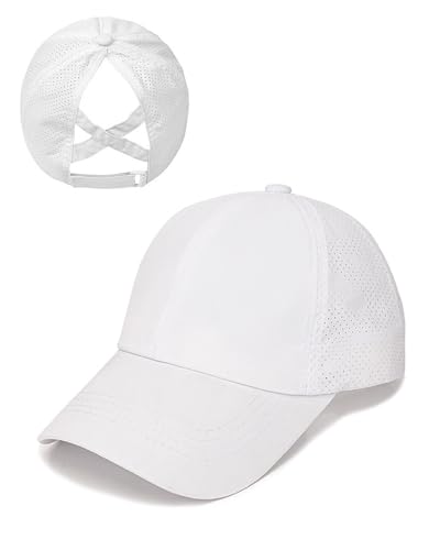 JUKOTA Pferdeschwanz Baseballkappe Damen Sommer Einstellbare Schnell trocknende Masche Atmungsaktiv Baseballmütze Unisex Criss Cross Hüte Sport Mütze - Weiß