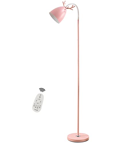 HKLY Lampara pie Habitacion Infantil, Lampara de pie LED Regulable Lámpara de pie de Metal Rosa con Decoración de asta, Cuello de Cisne Flexible para Salon, Dormitorio, Estudio y Leer, E27