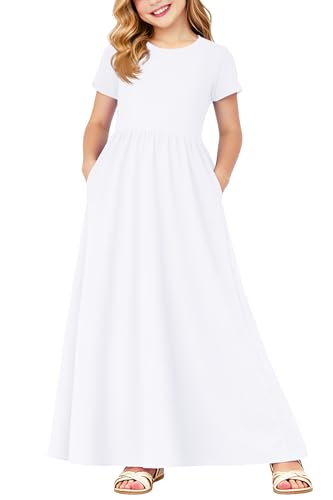 Image of Deerose Girls Maxi Dress Short Sleeve Casual Long Dresses with Pockets 5-14 Years