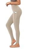ODODOS Women's High Waisted Full Length Yoga Leggings with Pockets, 28' Inseam Tummy Control Non See Through Workout Athletic Running Yoga Pants, Dark Beige, Large