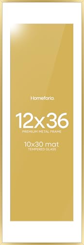 Image of Homeforia 12x36 Picture Frame Gold, High End Metal 12x36 Poster Frames with Mat 10x30 inch Photo, 12 x 36 Gold Frames Matted to 10 by 30 Art, 36x12 Panoramic Frames, Tempered Glass, Wall Kit, Set of 1