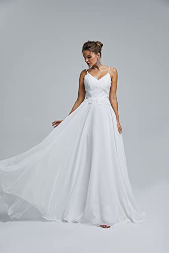 Image of Spaghetti Chiffon Beach Wedding Dress V Neck A line Bridal Gowns Lace Plus Size Wedding Dress