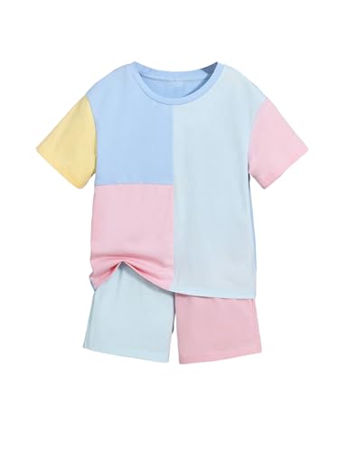 Image of Verdusa Boy's 2 Piece Outfit Colorblock Short Sleeve Round Neck T Shirt and Shorts Set