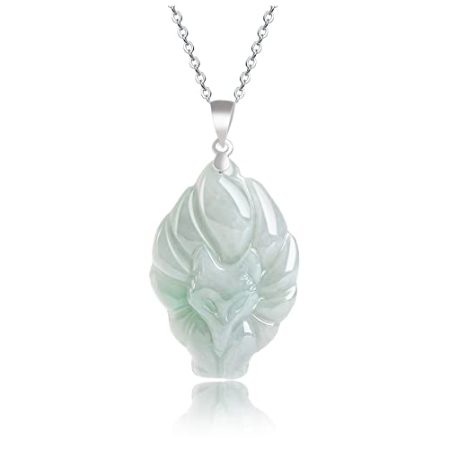 BJIMIDTI Natural Jade Pendant Necklace Nine Tailed Fox Necklace for Women Burmese Grade A Jadeite Stone Amulet Gifts S925 Silver Animal Charm Necklace Jewelry